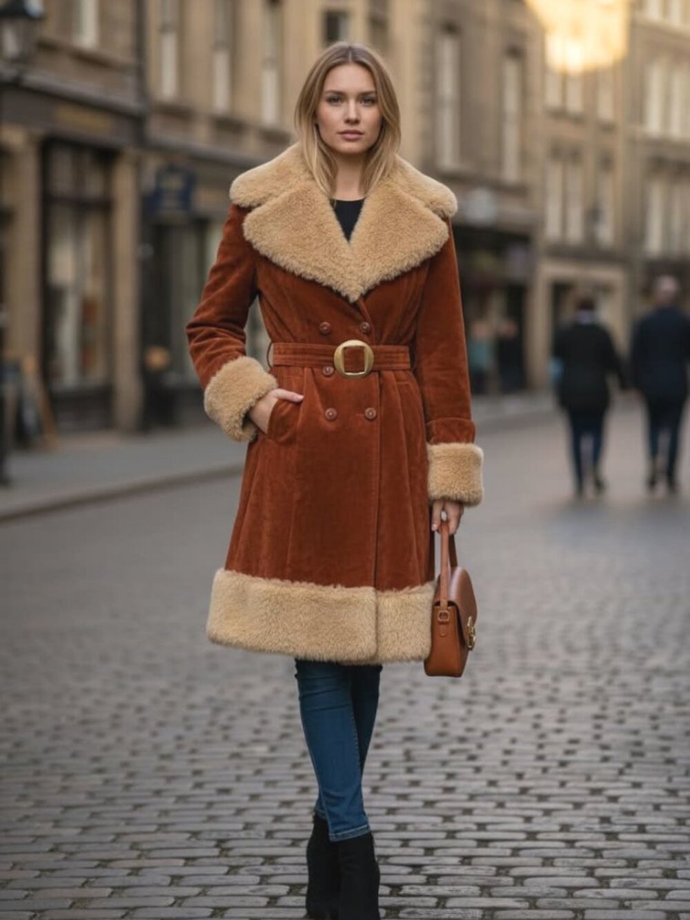 1960s-70s Vintage Burnt Orange Suede Trenchcoat Faux Fur Tailored